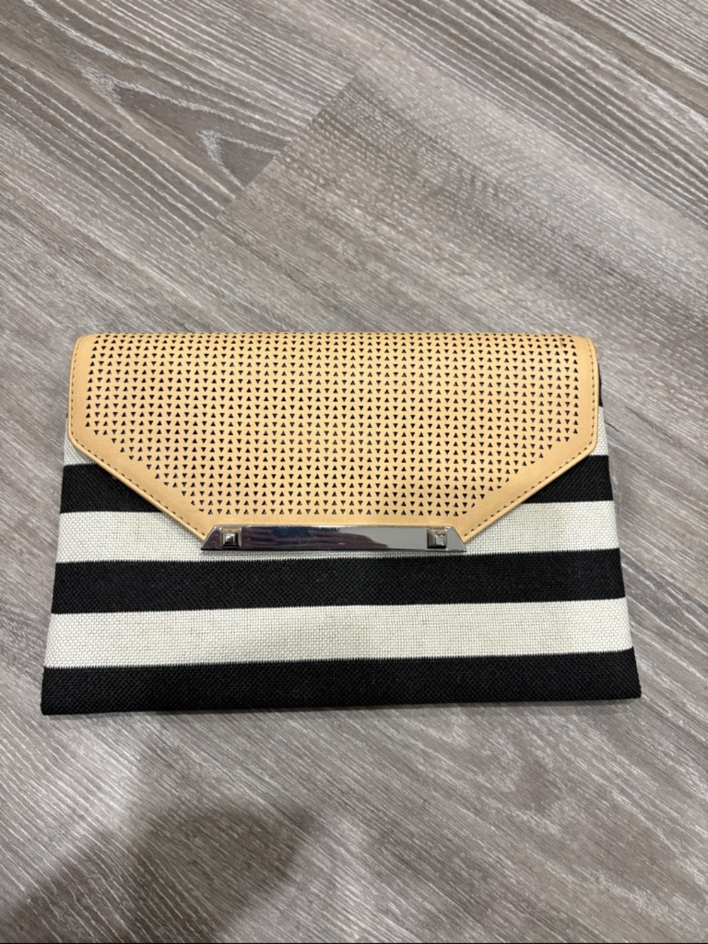 Stella & Dot Black and Beige Striped Envelope Clutch